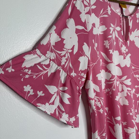 Ruby Rd Dress Womens 2X Pink White Floral Bell Sleeve Lightweight Stretchy Plus - Picture 2 of 6
